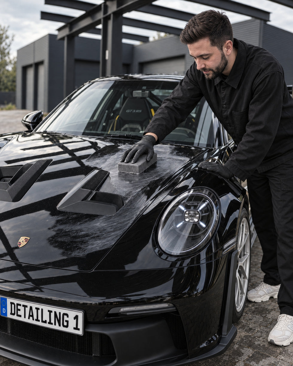 Detailing1 Dr. Wack A1 DER WAX SCHWAMM: Daniel verteilt Sprühwachs auf der Motorhaube (Mobile)