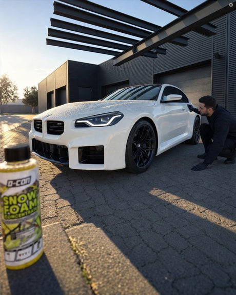 Tau perlt auf der Haube des sauberen weißen BMW M2 im Morgenlicht, davor steht das D-CON Snow-Foam-Concentrate.
