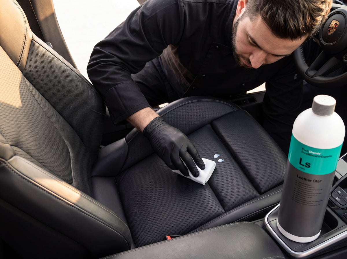 Closeup Anwendung Koch-Chemie Leather Star Ls auf perforiertem Lederpolster mit Mikrofaser-Applicator