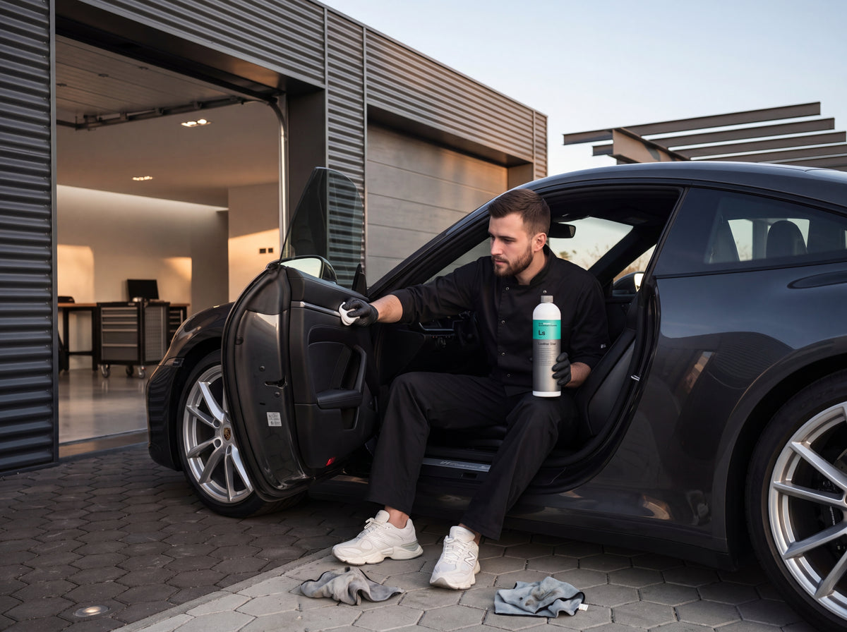 Daniel von Detailing1 trägt Koch-Chemie Leather Star Ls 1000 ml an einem Porsche 911 Lederinnenraum auf