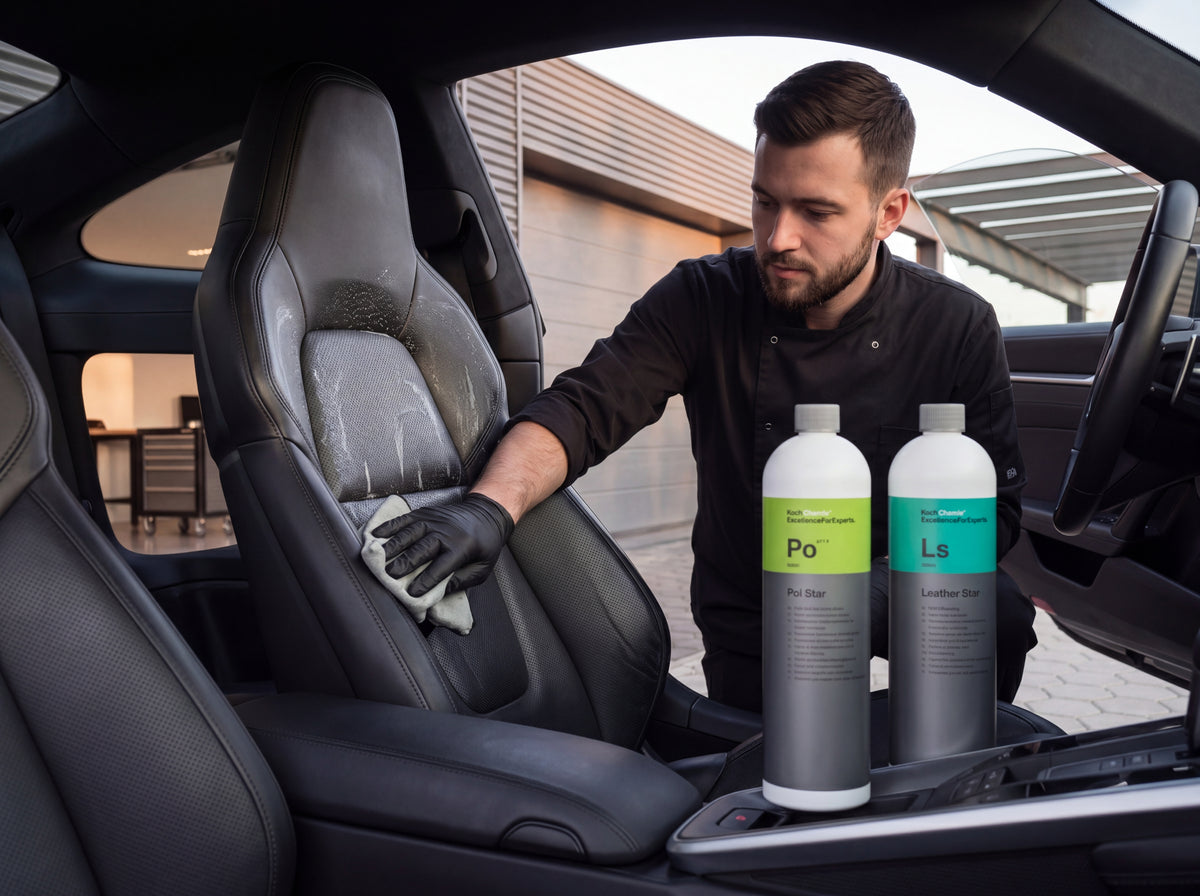 Workflow Koch-Chemie Pol Star Po und Leather Star Ls bei Innenraum-Reinigung Porsche 911