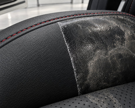 Detailing1 GYEON Q2M LeatherCleaner Natural — gereinigte Ledersitzwange mit gerader abgeklebter Kante neben speckigem Film