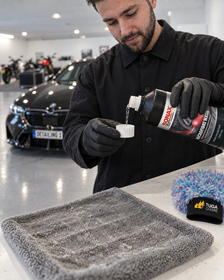 Detailing1 SONAX PROFILINE Microfibre Wash Mikrofaserwaschmittel — Daniel dosiert das Mikrofaserwaschmittel in den Schraubdec