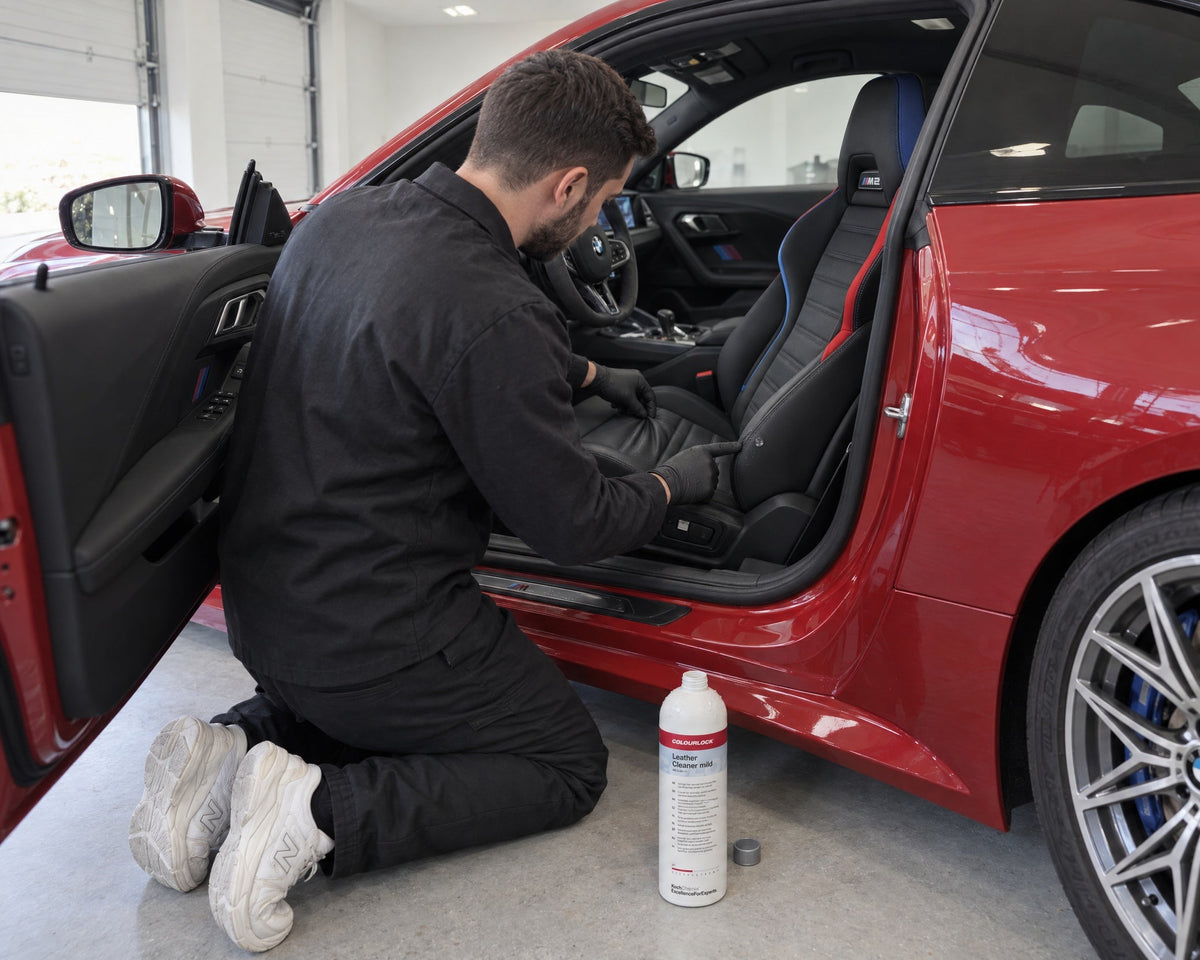 detailing1depot.comLOURLOCK Leather Cleaner Mild — Daniel prüft mit dem Kneiftest am BMW M2, ob der Sitz aus Echtleder ist