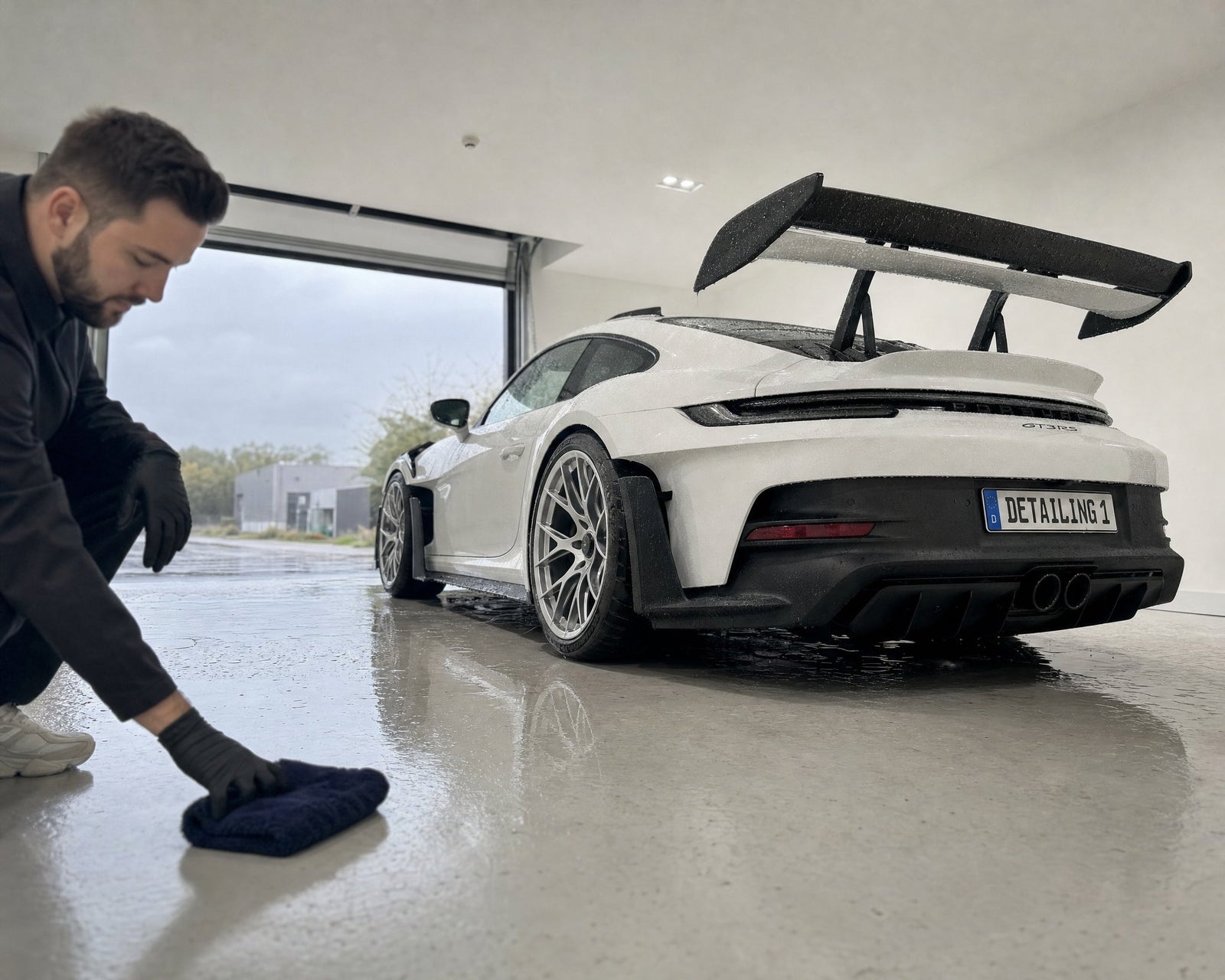 Detailing1 THE COLLECTION "Aqua" Twisted Loop Trockentuch liegt gefaltet auf dem Showroom-Boden vor dem frisch gewaschenen Porsche 911 GT3 RS