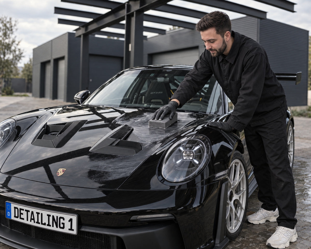 Detailing1 Dr. Wack A1 DER WAX SCHWAMM: Daniel verteilt Sprühwachs auf der Motorhaube (Desktop)