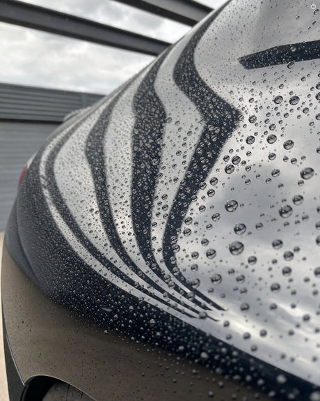Makro auf die schwarze Flanke des BMW M2 (G87): Morgentau steht nach dem Koch-Chemie Protector-Wax "Pw" in runden Perlen.