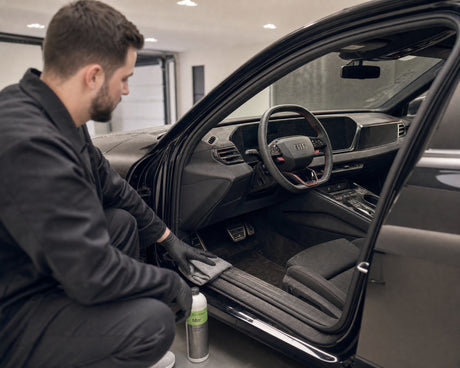 Detailing1 Koch-Chemie — Daniel beginnt die Innenraumreinigung am offenen Fahrertür eines schwarzen Audi RS 5