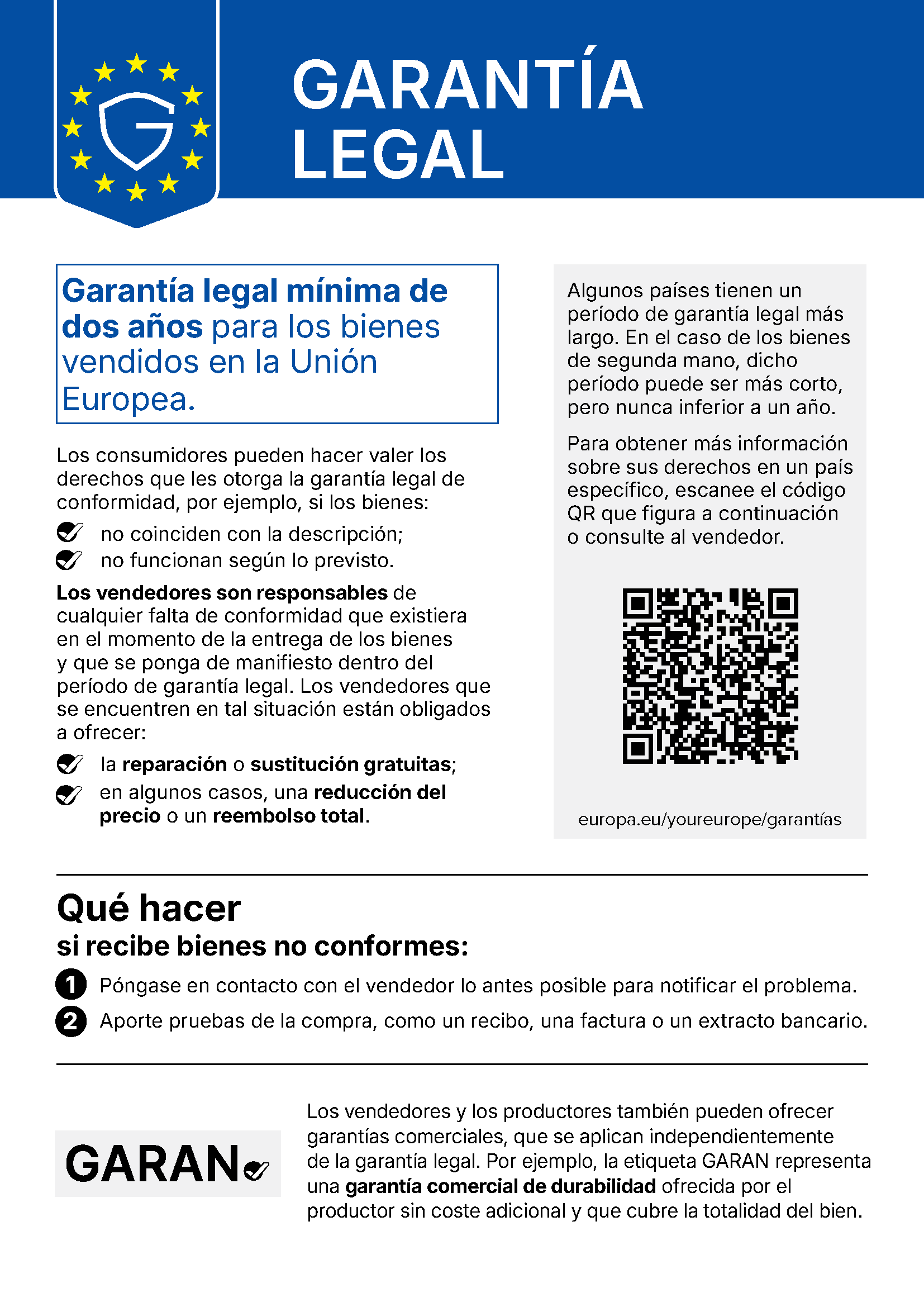 Aviso oficial de la UE sobre la garantía legal